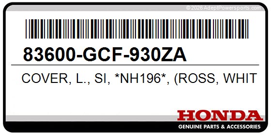 Honda 83600-GCF-930ZA Cover, L., Si, *Nh196*, (Ross, White)