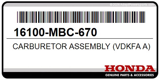 Honda 16100-MBC-670 Carburetor Assembly (Vdkfa A)