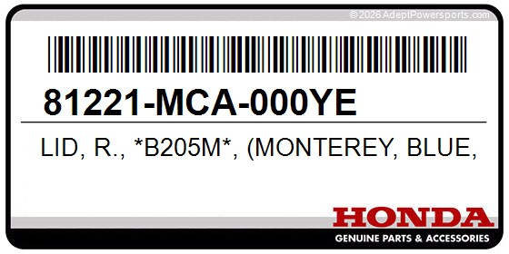 Honda 81221-MCA-000YE Lid, R., *B205m*, (Monterey, Blue, Metallic)