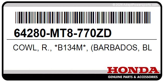 Honda 64280-MT8-770ZD Cowl, R., *B134m*, (Barbados, Blue, Metallic)