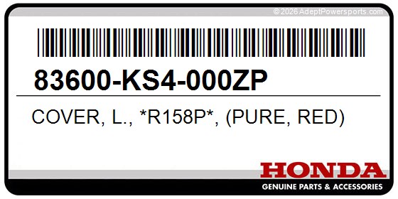 Honda 83600-KS4-000ZP Cover, L., *R158p*, (Pure, Red)