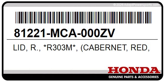 Honda 81221-MCA-000ZV Lid, R., *R303m*, (Cabernet, Red, Metallic)
