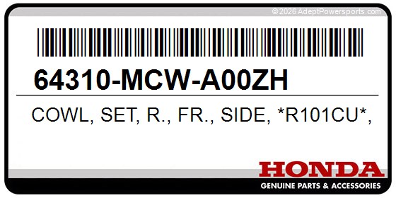Honda 64310-MCW-A00ZH Cowl, Set, R., Fr., Side, *R101cu*, (Candy, Glory, Red-U)