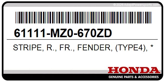 Honda 61111-MZ0-670ZD Stripe, R., Fr., Fender, (Type4), *G159q*, (Pearl, Sonoma, Green)
