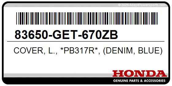 Honda 83650-GET-670ZB Cover, L., *Pb317r*, (Denim, Blue)