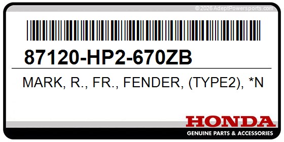 Honda 87120-HP2-670ZB Mark, R., Fr., Fender, (Type2), *Nh1*, (Black)