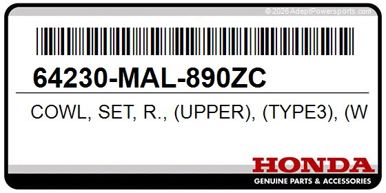 Honda 64230-MAL-890ZC Cowl, Set, R., (Upper), (Type3), (Wl), *Nh196k*, (Ross, White)