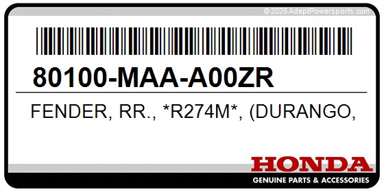 Honda 80100-MAA-A00ZR Fender, Rr., *R274m*, (Durango, Red, Metallic)