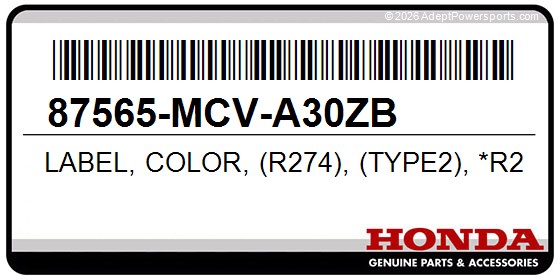 Honda 87565-MCV-A30ZB Label, Color, (R274), (Type2), *R274*, (Durango, Red, Metallic)