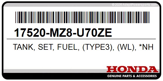 Honda 17520-MZ8-U70ZE Tank, Set, Fuel, (Type3), (Wl), *Nh431*, (Indy, Gray, Metallic)