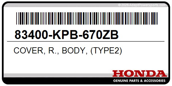 Honda 83400-KPB-670ZB Cover, R., Body, (Type2)