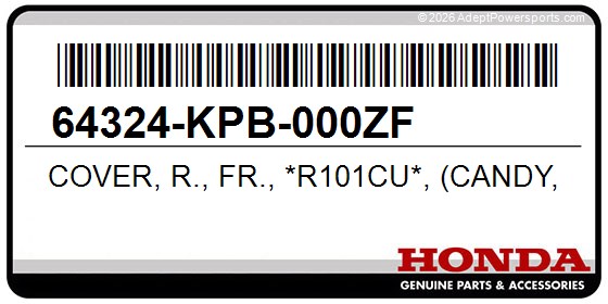 Honda 64324-KPB-000ZF Cover, R., Fr., *R101cu*, (Candy, Glory, Red-U)