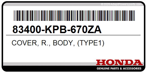 Honda 83400-KPB-670ZA Cover, R., Body, (Type1)