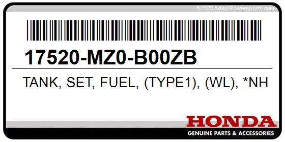 Honda 17520-MZ0-B00ZB Tank, Set, Fuel, (Type1), (Wl), *Nh1e*, (Black)