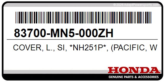 Honda 83700-MN5-000ZH Cover, L., Si, *Nh251p*, (Pacific, White)