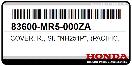 Honda 83600-MR5-000ZA Cover, R., Si, *Nh251p*, (Pacific, White)