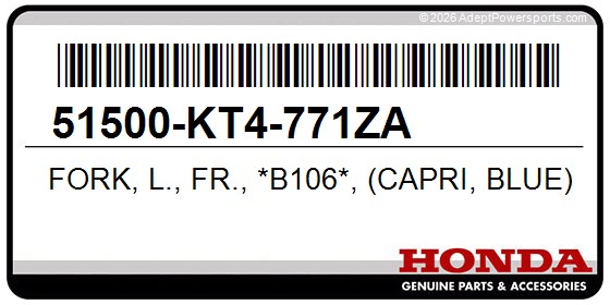 Honda 51500-KT4-771ZA Fork, L., Fr., *B106*, (Capri, Blue)