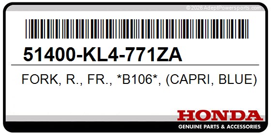 Honda 51400-KL4-771ZA Fork, R., Fr., *B106*, (Capri, Blue)