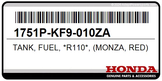 Honda 1751P-KF9-010ZA Tank, Fuel, *R110*, (Monza, Red)