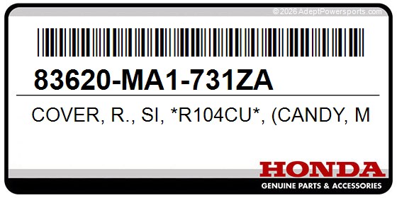 Honda 83620-MA1-731ZA Cover, R., Si, *R104cu*, (Candy, Muse, Red)