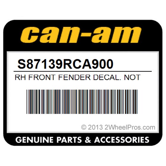 Can-Am S87139RCA900 Rh Front Fender Decal. Not Shown, White Model