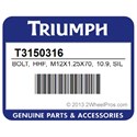 Triumph T3150316 Bolt, Hhf, M12x1.25X70, 10.9, Silv