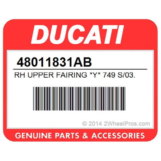 Ducati 48011831AB Rh Upper Fairing *Y* 749 S/03. R.H. Upper Half-Fairing (Yellow).