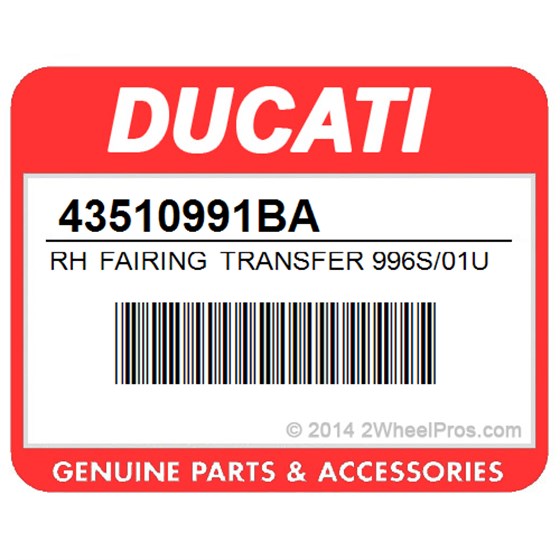 Ducati 43510991BA Rh Fairing Transfer 996S/01Usa. R.H. Sticker.