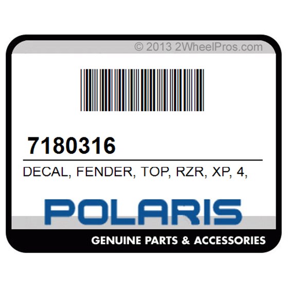 Polaris 7180316 Decal, Fender, Top, Rzr, Xp, 4, Lh