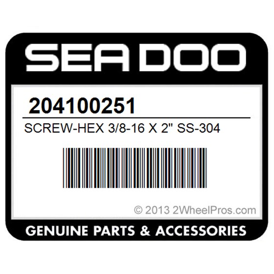 Sea-Doo 204100251 Screw-Hex 3/8-16 X 2" Ss-304