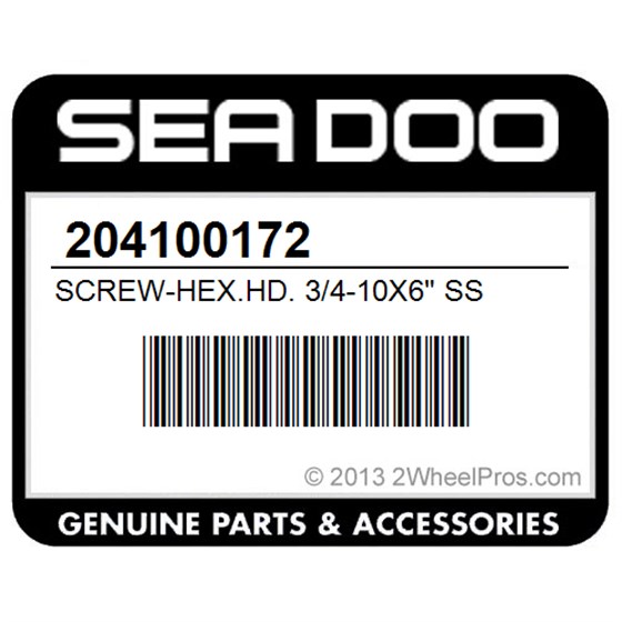 Sea-Doo 204100172 Screw-Hex.Hd. 3/4-10X6" Ss