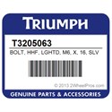 Triumph T3205063 Bolt, Hhf, Lghtd, M6, X, 16, Slv