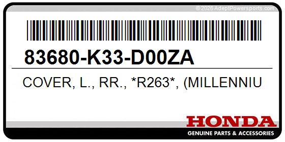 Honda 83680-K33-D00ZA Cover, L., Rr., *R263*, (Millennium, Red)