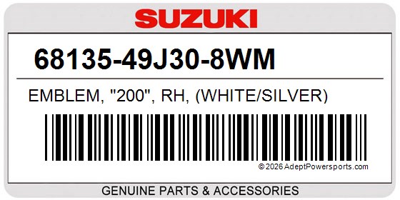 Suzuki 68135-49J30-8WM Emblem, "200", Rh, (White/Silver)