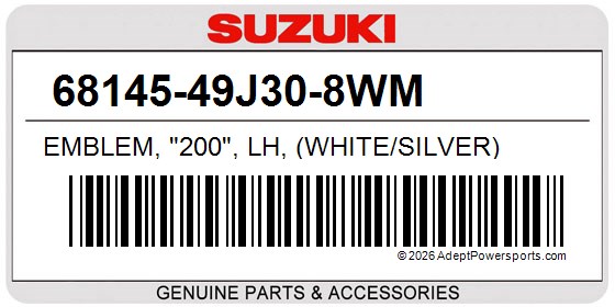 Suzuki 68145-49J30-8WM Emblem, "200", Lh, (White/Silver)