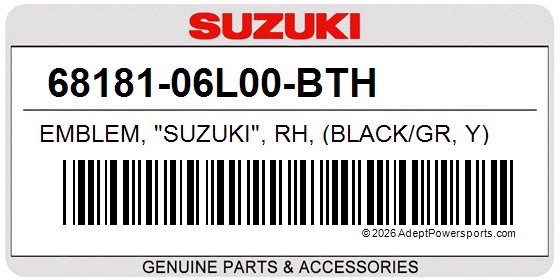 Suzuki 68181-06L00-BTH Emblem, "Suzuki", Rh, (Black/Gr, Y)