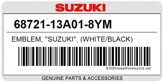 Suzuki 68721-13A01-8YM Emblem, "Suzuki", (White/Black)