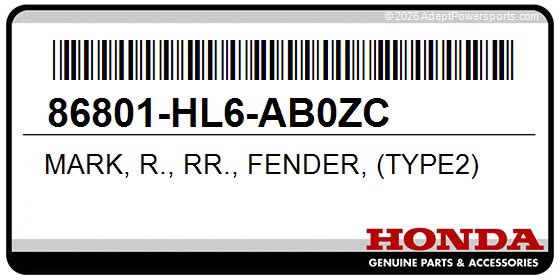 Honda 86801-HL6-AB0ZC Mark, R., Rr., Fender, (Type2)