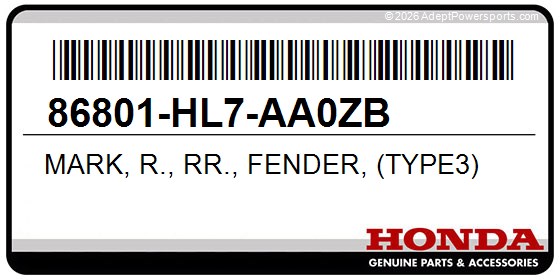 Honda 86801-HL7-AA0ZB Mark, R., Rr., Fender, (Type3)