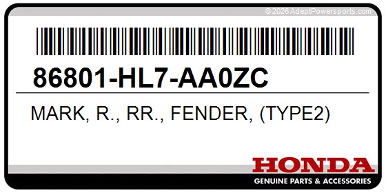Honda 86801-HL7-AA0ZC Mark, R., Rr., Fender, (Type2)