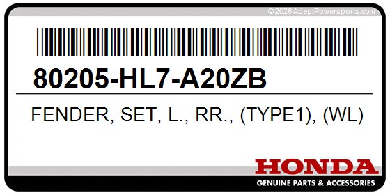 Honda 80205-HL7-A20ZB Fender, Set, L., Rr., (Type1), (Wl)