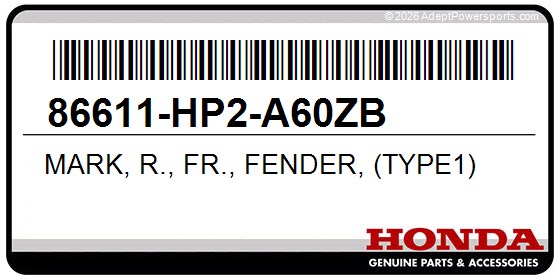 Honda 86611-HP2-A60ZB Mark, R., Fr., Fender, (Type1)