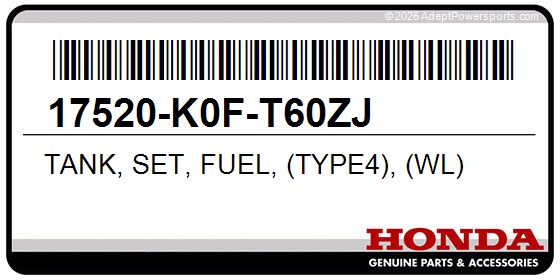 Honda 17520-K0F-T60ZJ Tank, Set, Fuel, (Type4), (Wl)