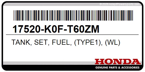 Honda 17520-K0F-T60ZM Tank, Set, Fuel, (Type1), (Wl)