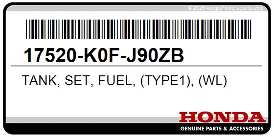Honda 17520-K0F-J90ZB Tank, Set, Fuel, (Type1), (Wl)