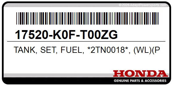 Honda 17520-K0F-T00ZG Tank, Set, Fuel, *2Tn0018*, (Wl)(Pearl, Glittering, Blue/Ross, White)