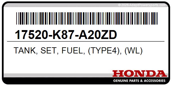 Honda 17520-K87-A20ZD Tank, Set, Fuel, (Type4), (Wl)