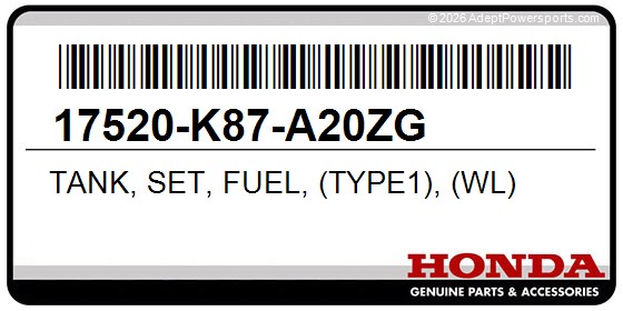 Honda 17520-K87-A20ZG Tank, Set, Fuel, (Type1), (Wl)