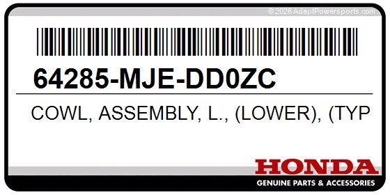 Honda 64285-MJE-DD0ZC Cowl, Assembly, L., (Lower), (Type1)(Wl)