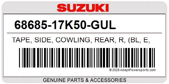 Suzuki 68685-17K50-GUL Tape, Side, Cowling, Rear, R, (Bl, E, Silver)